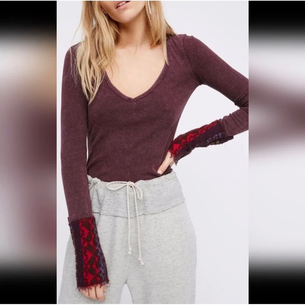 Free People Sz Sm Art School Embroidered V-Neck Waffle Knit Long Sleeve Top Boho
